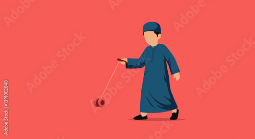 Pixelated Vector Illustration of a Young Muslim Boy Playing with a Yo Yo against a Solid Red Backdrop