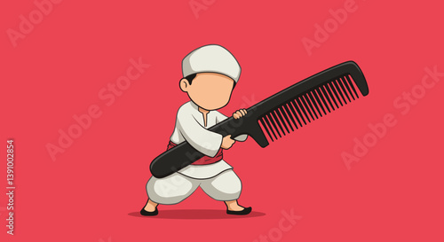 Pixelated Vector Illustration of a Young Muslim Man Holding a Giant Black Comb on Red Background