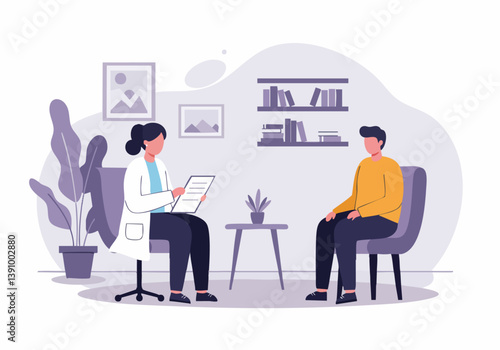 A doctor sits across from a young man in a consultation room. The scene conveys a professional and supportive atmosphere. Clean, modern design.