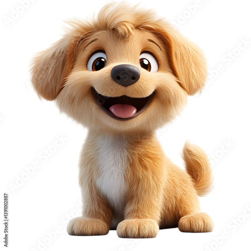 A Fluffy 3D Cartoon Puppy with Floppy Ears Wagging Its Tail Isolated on Transparent Background