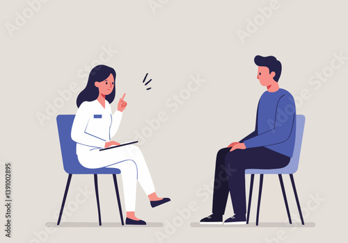 A doctor speaks with a patient in a consultation setting. The woman, wearing a white coat, points while the man listens attentively. Clean, modern style.