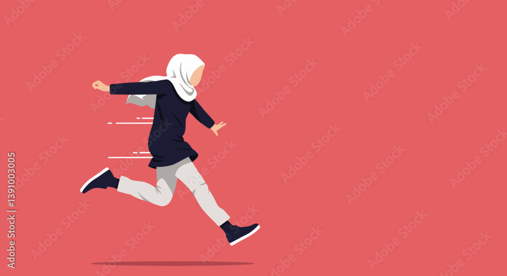 Running Muslim Woman in Vector Pixel Art Style Against Red Background Running Muslim Woman in Vector Pixel Art Style Against Red Background