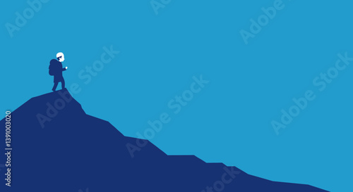 Silhouette Figure Ascending Mountain Peak Against Blue Sky Showing Travel Adventure Concept