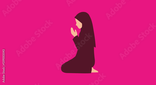 Silhouette Of A Kneeling Muslim Woman Praying With Hands Raised On A Bright Pink Background