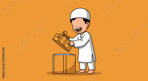 Smiling Muslim Boy in White Robes Holding Open Gift Box on Orange Background Vector Illustration