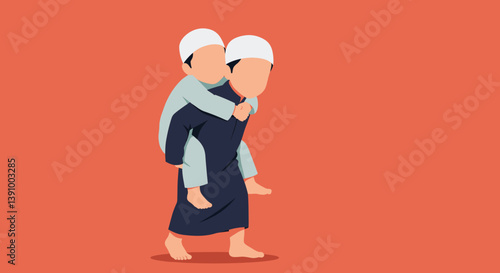 Two Boys Piggybacking In Traditional Outfit Against Orange Backdrop Vector Illustration
