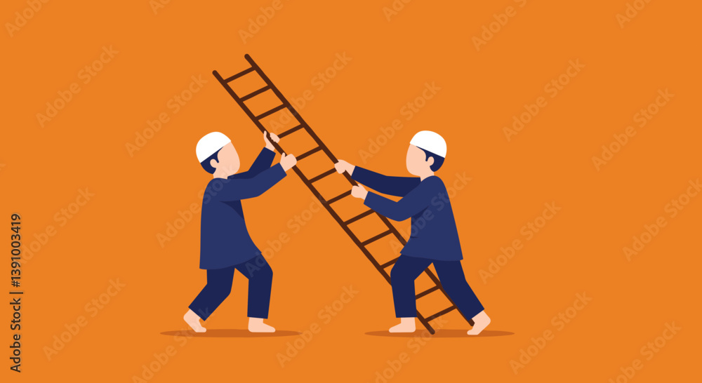 Obraz premium Two Men In Blue Holding Pixel Ladder On Orange Background Illustrating Teamwork And Cooperation