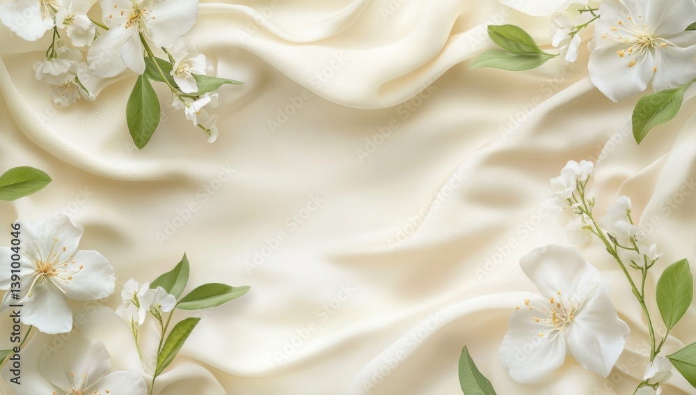 Delicate cream silk fabric adorned with fresh white flowers and lush green leaves. A soft, elegant backdrop for wedding stationery, invitations, or a feminine aesthetic Delicate cream silk fabric adorned with fresh white flowers and lush green leaves. A soft, elegant backdrop for wedding stationery, invitations, or a feminine aesthetic