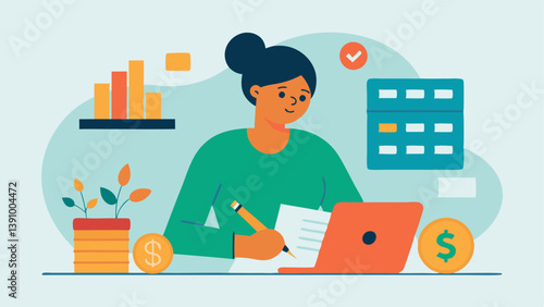 Budgeting Basics A woman writing in a notebook with a calculator nearby breaking down her monthly expenses and income surrounded by coins and bills to visually represent budgeting.