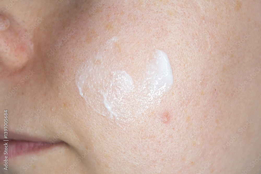Fototapeta premium White cream gently applied on cheek skin, captured in a soft and clean cosmetic moment.