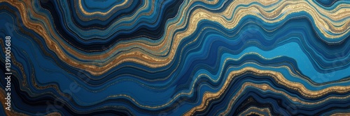Stunning abstract background featuring wavy textures in deep blue and gold tones, perfect for luxury branding, interior design, or artistic projects.