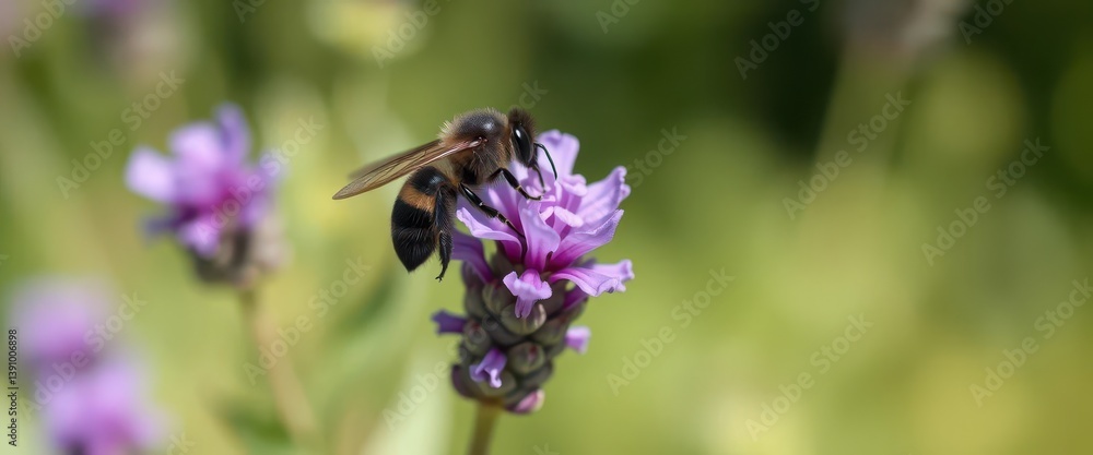 A lone black bee delicately perched on a vibrant purple lavender bloom, bud, spring A lone black bee delicately perched on a vibrant purple lavender bloom, bud, spring