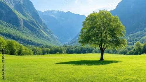 Lone Tree Green Meadow Vibrant Nature High-Definition Landscape Wide Shot Lush Foliage Tranquility Mountainous Background Vivid Green Tones Environmental Conservation