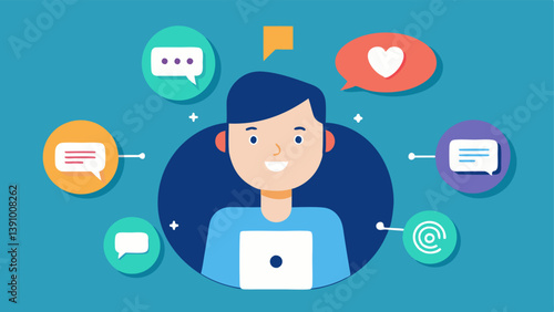 Client Interaction A vector showing a friendly virtual assistant engaging in a chat with clients through a messaging app with icons representing feedback and support.