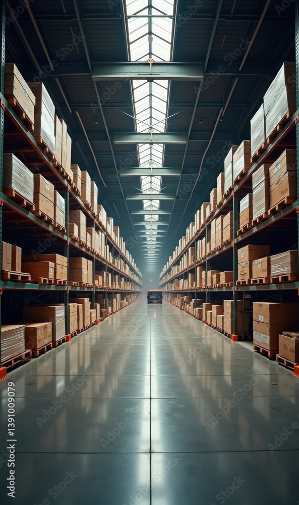A spacious warehouse interior showcasing neatly organized shelves filled with boxed goods, ideal for logistics, inventory management, and retail visuals. A spacious warehouse interior showcasing neatly organized shelves filled with boxed goods, ideal for logistics, inventory management, and retail visuals.