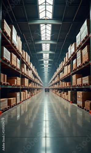 A spacious warehouse interior showcasing neatly organized shelves filled with boxed goods, ideal for logistics, inventory management, and retail visuals.