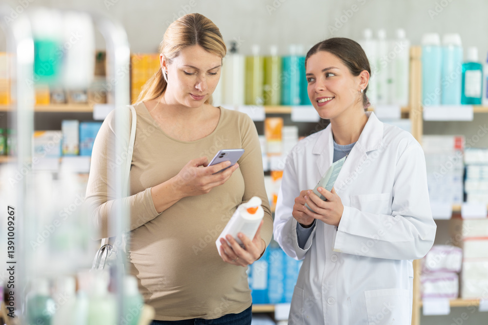 Pregnant woman in pharmacy scans QR code on antifungal cream product, checks certificate on manufacturers website. Girl pharmacist offer similar product
