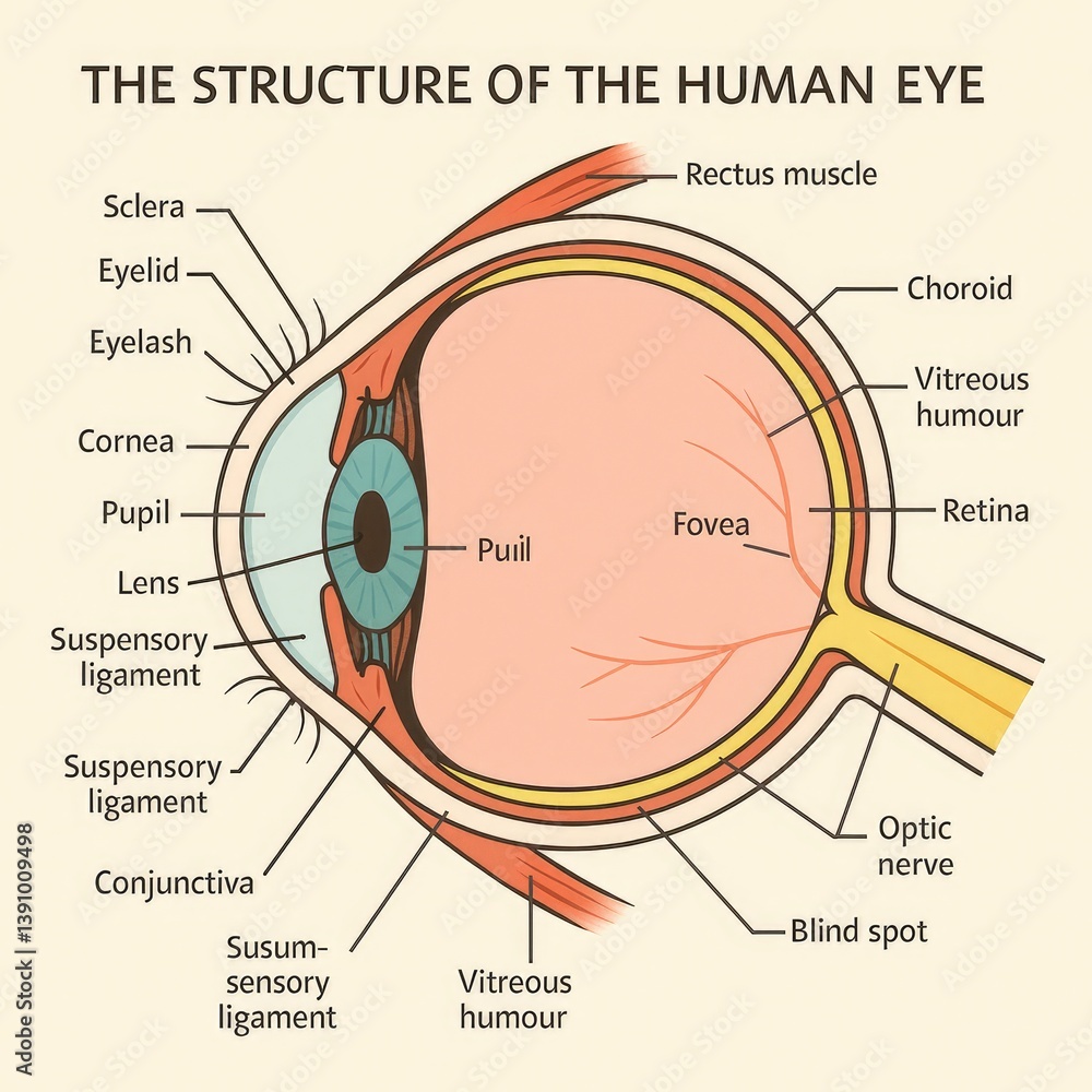 Fototapeta premium Detailed, labeled diagram of the human eye structure in a simple, educational style, on a beige background