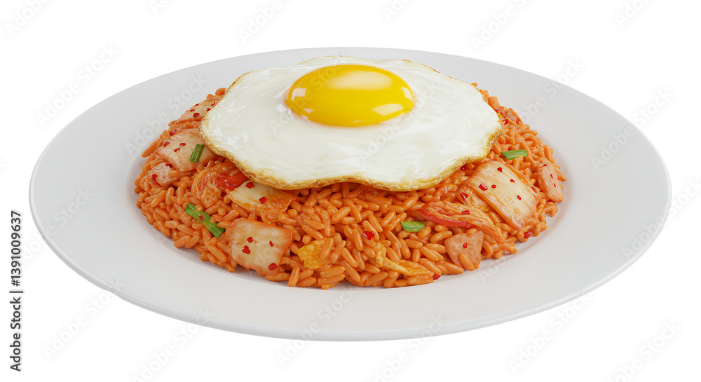 Serving of Fried Rice Topped with Egg on White Plate Serving of Fried Rice Topped with Egg on White Plate