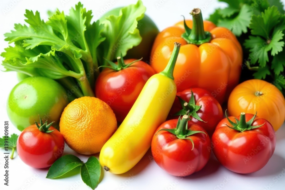 Variety of organic fruits and vegetables on white, fresh, organic, farm-to-table Variety of organic fruits and vegetables on white, fresh, organic, farm-to-table