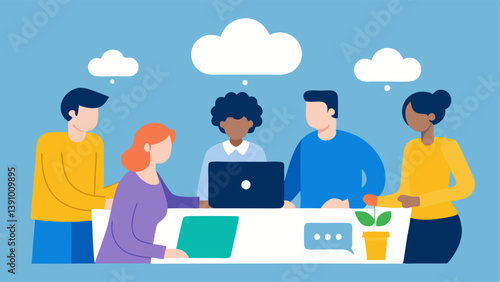 Collaborative Brainstorming A diverse team of professionals gathered around a table pointing at a laptop screen showing cloud service models and discussing strategies.
