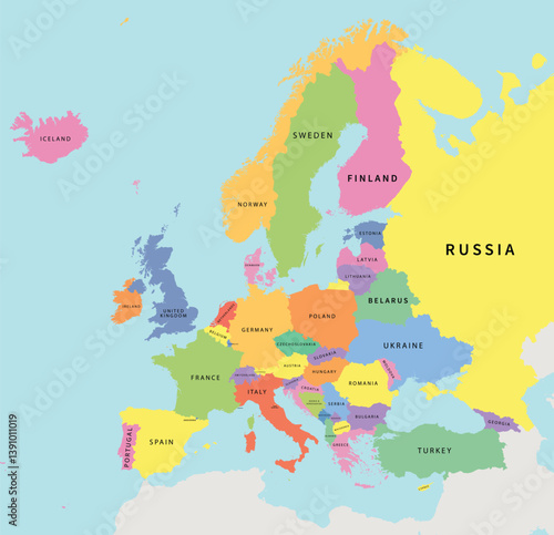 Colored Map of Europe with Country Names