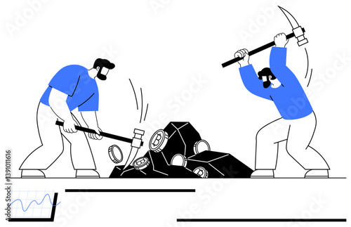 Two men working to extract cryptocurrency coins from rocks using pickaxe and sledgehammer. Graph suggests data or blockchain activity. Ideal for finance, technology, blockchain, teamwork, investment