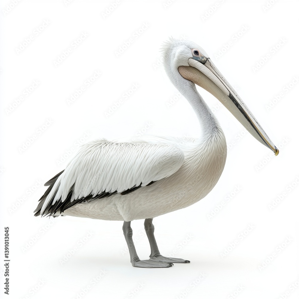 White Pelican with Black Beak Isolated on White Background a Detailed Profile View of a Large Bird with Speckled Plumage in Natural Light White Pelican with Black Beak Isolated on White Background a Detailed Profile View of a Large Bird with Speckled Plumage in Natural Light