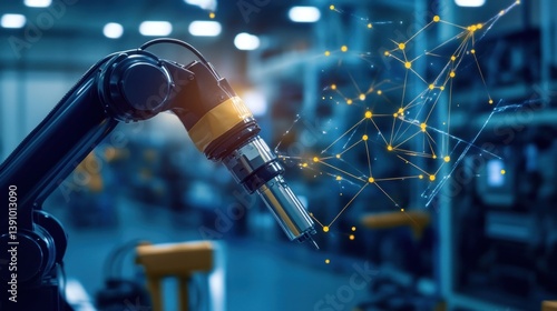 Industrial robot arm with connected data overlay in a factory.