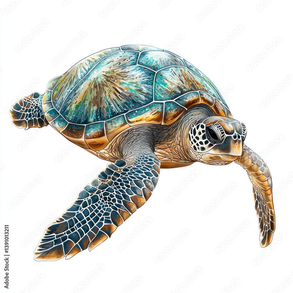 Fototapeta premium A vibrant sea turtle with intricate shell patterns and detailed textures, swimming gracefully on white background