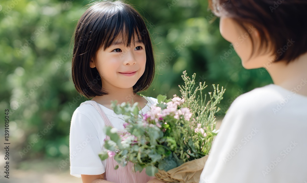 A young oriental girl smiles brightly as she hands her mother a bouquet of spring flowers. Generative AI A young oriental girl smiles brightly as she hands her mother a bouquet of spring flowers. Generative AI