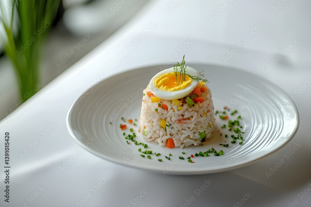 A White Plate Topped With A Hard Boiled Egg And Fried Rice A White Plate Topped With A Hard Boiled Egg And Fried Rice