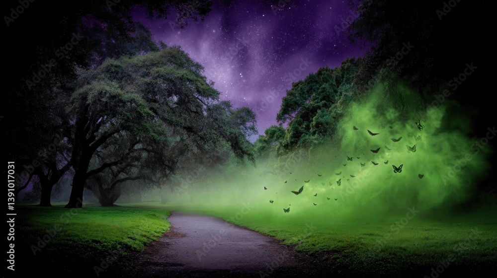 Mysterious fog and butterflies enchanted forest fantasy imagery nighttime atmosphere dreamlike perspective Mysterious fog and butterflies enchanted forest fantasy imagery nighttime atmosphere dreamlike perspective