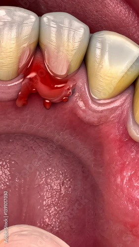 Close-up view of dental issue with bleeding gum tissue and tooth misalignment in an oral cavity