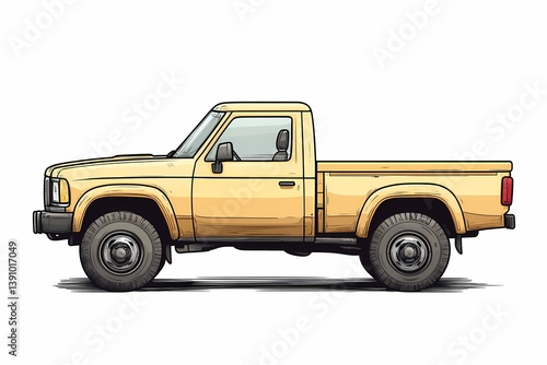 Yellow Cartoon Pickup Truck Illustration - Classic Retro Style Side View Art of Versatile Adventure Vehicle