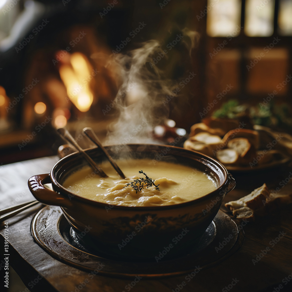 steaming cheese fondue with herbs in rustic setting steaming cheese fondue with herbs in rustic setting