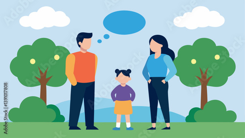 Discussions with Friends A group of parents chatting in a park with thought bubbles showing worries about childcare costs and quality emphasizing shared concerns.
