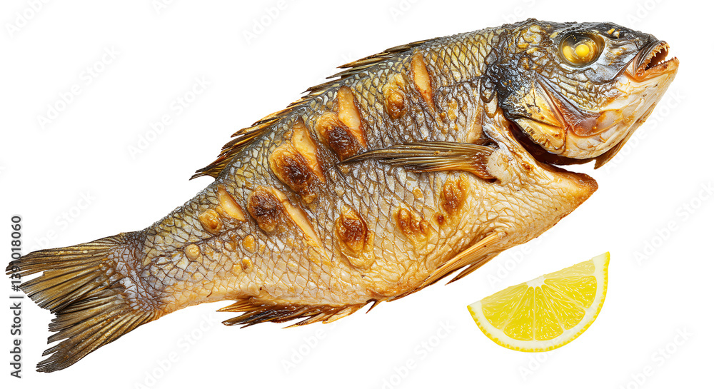 Delicious Whole Fried Fish with Lemon Slice on White Background Delicious Whole Fried Fish with Lemon Slice on White Background
