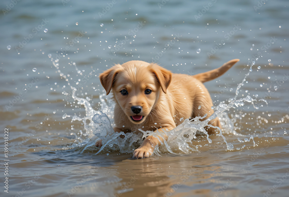 Puppy Splashing in The Shallow Water, with Droplets of Water Flying Through The Air Puppy Splashing in The Shallow Water, with Droplets of Water Flying Through The Air