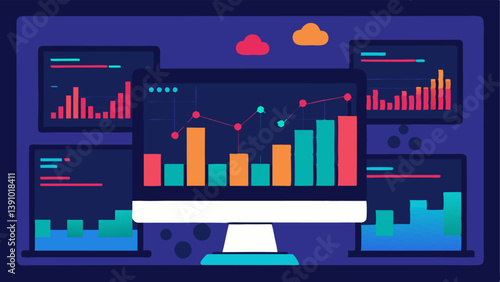 AIEnhanced Stock Market A stock market scene with digital screens showing fluctuating stock prices where an AI algorithm is analyzing trends for investment opportunities.