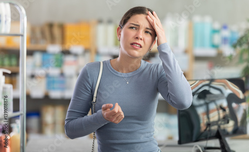 фотографія Young female client having severe headache while being in chemist's shop
