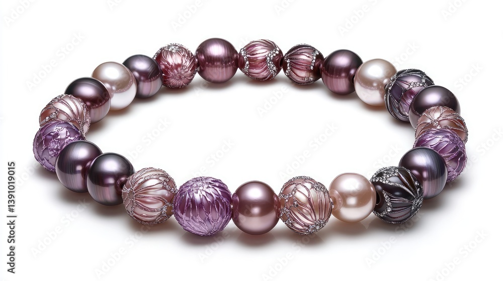 A necklace with alternating pearl and gemstone beads arranged on white in a fashion-forward display A necklace with alternating pearl and gemstone beads arranged on white in a fashion-forward display