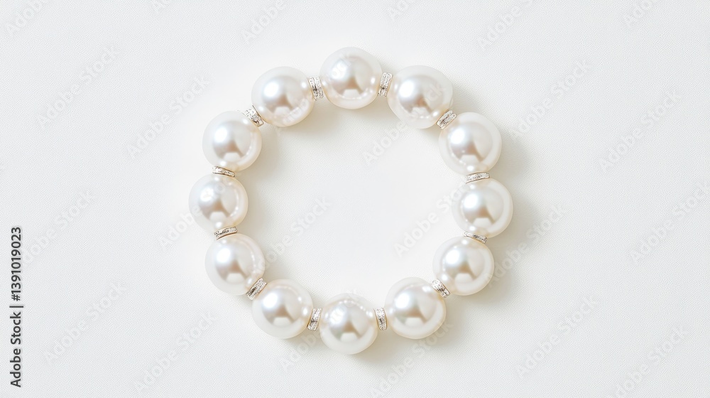 A minimalist composition of a pearl bracelet arranged in a circular shape against a clean white background A minimalist composition of a pearl bracelet arranged in a circular shape against a clean white background