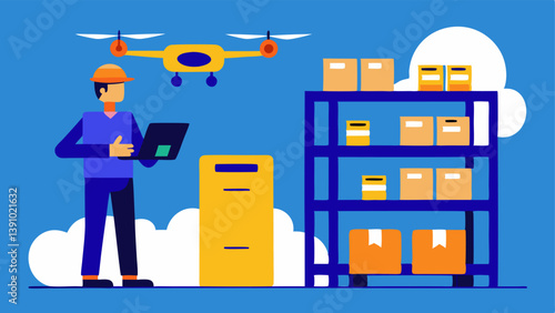 Drones in the Warehouse A drone hovering above shelves scanning inventory with sensors while a human employee uses a tablet to monitor stock levels on the dashboard.