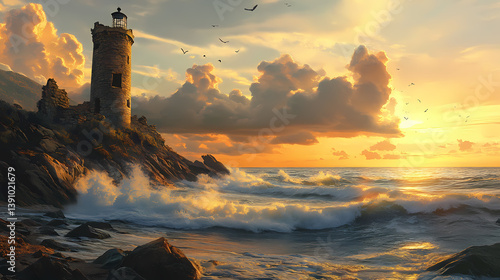 The crumbling stone walls of an ancient lighthouse rise above the crashing waves, as the setting sun casts a golden glow over the sea and sky, rocks, beach. Ruined Lighthouse. Illustration