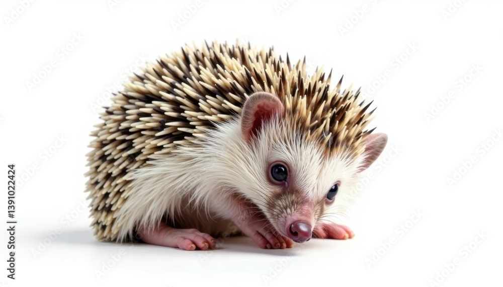Obraz premium Tiny hedgehog curled in a ball, isolated on pure white background, pattern, animal, photography