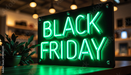Black Friday neon sign glowing in a modern retail setting  