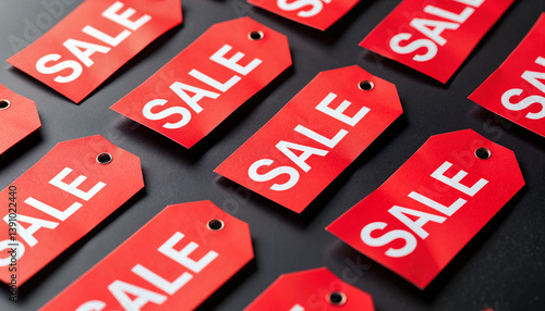 Red sale tags displayed on a black background  