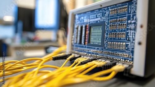 Electrical impedance analyzer with test cables connected to circuit under review, lab setting