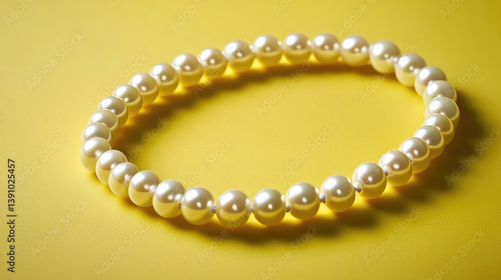 Glossy pearl necklace resting on vibrant yellow background with minimal shadows, showcasing contrast and shine, no people Glossy pearl necklace resting on vibrant yellow background with minimal shadows, showcasing contrast and shine, no people